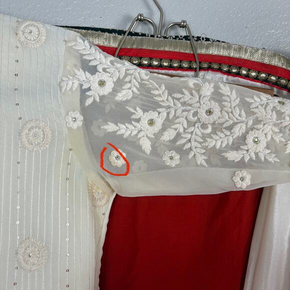 Approx S/M Cream White Red Kurta Set Top Pants & Dupatta Embellished Embroidered - Picture 4 of 16